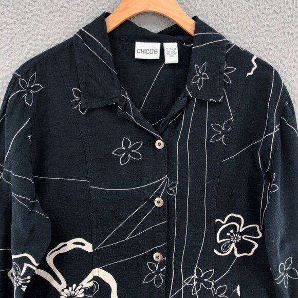 Chicos Jacket Womens 1 US Medium Black Floral Linen Blend Shacket Button Pocket* - Picture 2 of 11